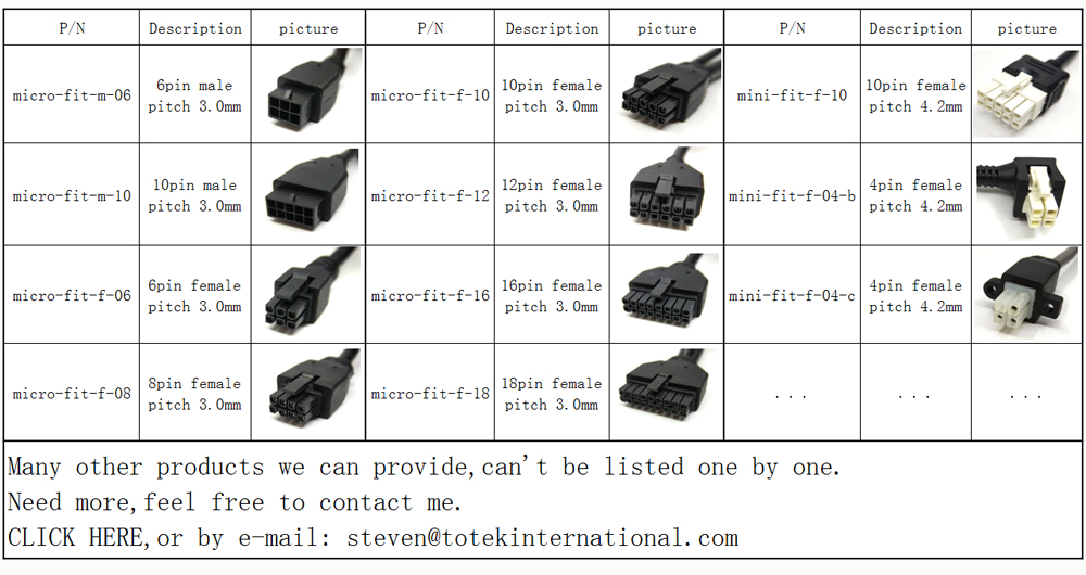 Molex 245132 10Pins female overmolded micro-fit to open end customized cable assembly, wire harness